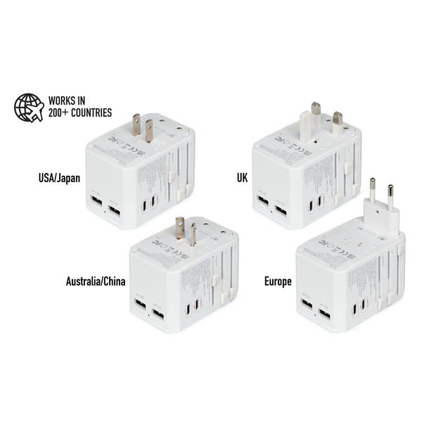 TorriiBolt USB-PD & QC 3.0 Universal Travel Adapter III - White - شاحن حائط دولي - توري - 4 فتحات للشحن الذكي والسريع - 2 تايب سي + 2 يو اس بي - قوة 45 واط - كفالة 24 شهر