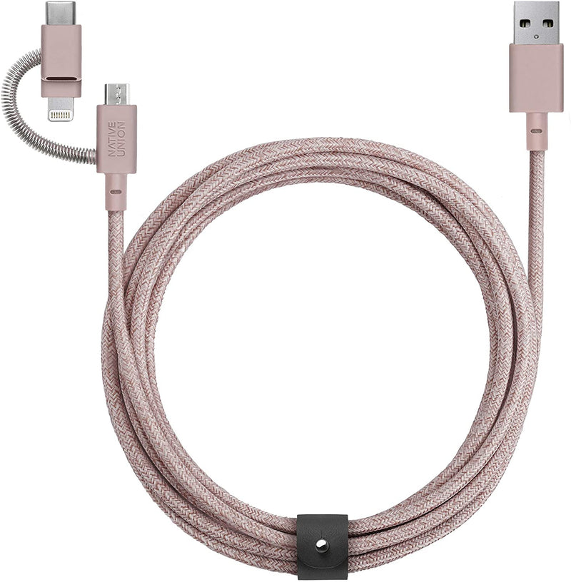 Native Union Belt Cable Universal 2M - Rose [V] - سلك شحن 3 في 1 - ايفون + تايب سي + مايكرو - نيتف يونيون - مقاوم للقطع - 2  متر - كفالة 12 شهر