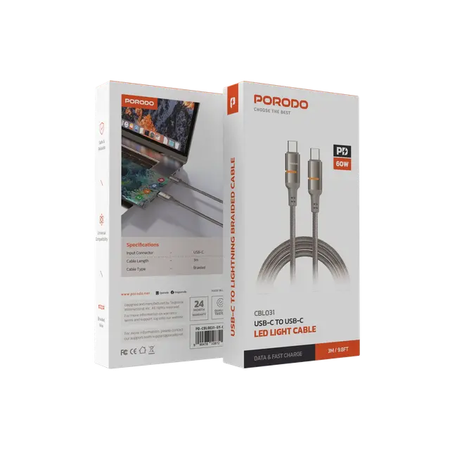 Porodo 60w Type-C To Type-C Braided Cable 3m - Grey - سلك شحن  تايب سي - برودو - كفالة سنتين - طول 3 متر