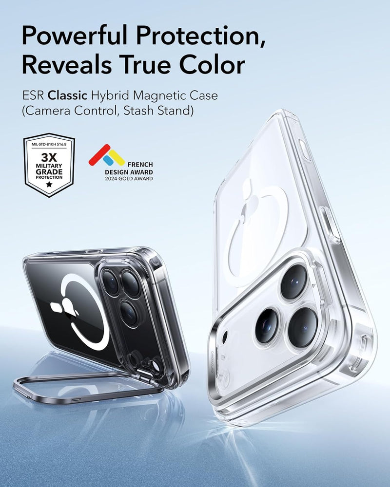 ESR iPhone 17 Pro / 17 ProMax HaloLock Classic Hybrid Case with Stash Stand (Camera Control Button) Case - Clear [V] - كفر حماية عالية - ماغ سيف - ستاند