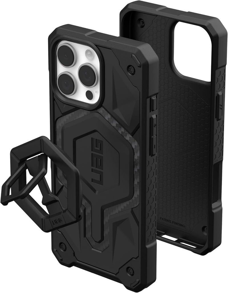 UAG iPhone MagSafe Monarch Pro Case for iPhone 16 Pro/16 Pro MAX - Carbon Fiber / Black Stand [V] - كفر حماية عالية + ستاند بالطول و العرض - ماغ سيف