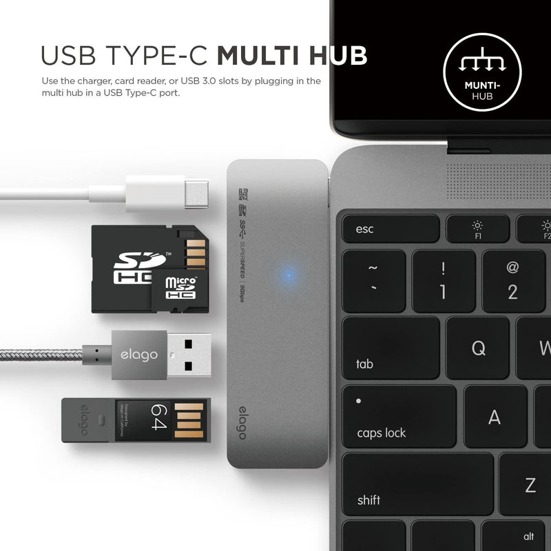 Elago Aluminum Charging Multi Hub USB-C - Space Gray [V] - وصلة تايب سي - 5 في 1 - لاجهزة الايباد برو والماك بوك - متعددة الاستخدام - كفالة 12 شهر