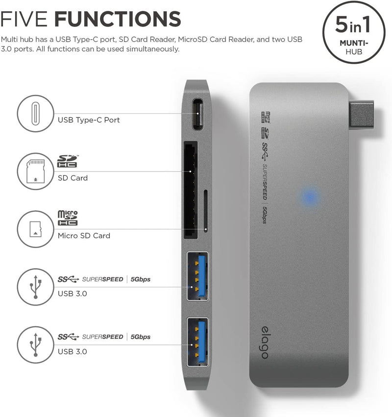 Elago Aluminum Charging Multi Hub USB-C - Space Gray [V] - وصلة تايب سي - 5 في 1 - لاجهزة الايباد برو والماك بوك - متعددة الاستخدام - كفالة 12 شهر