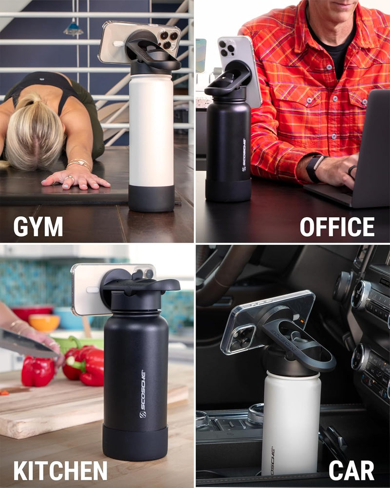 Steel Insulated Water Bottle with Magnetic Cell Phone Holder and Tripod Phone Mount Stand Compatible w/ MagSafe - White [V] - مطارة حافظة للحرارة - ستاند ماغ سيف - سكوشي