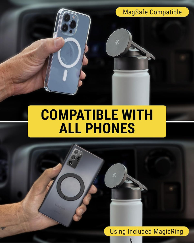 Steel Insulated Water Bottle with Magnetic Cell Phone Holder and Tripod Phone Mount Stand Compatible w/ MagSafe - White [V] - مطارة حافظة للحرارة - ستاند ماغ سيف - سكوشي