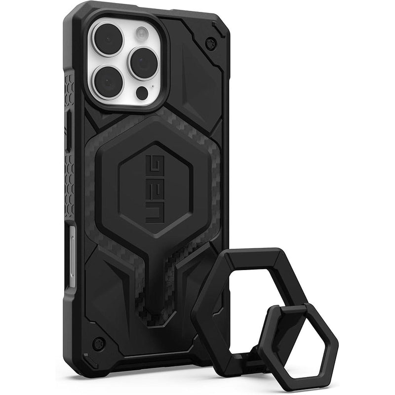 UAG iPhone MagSafe Monarch Pro Case for iPhone 16 Pro/16 Pro MAX - Carbon Fiber / Black Stand [V] - كفر حماية عالية + ستاند بالطول و العرض - ماغ سيف