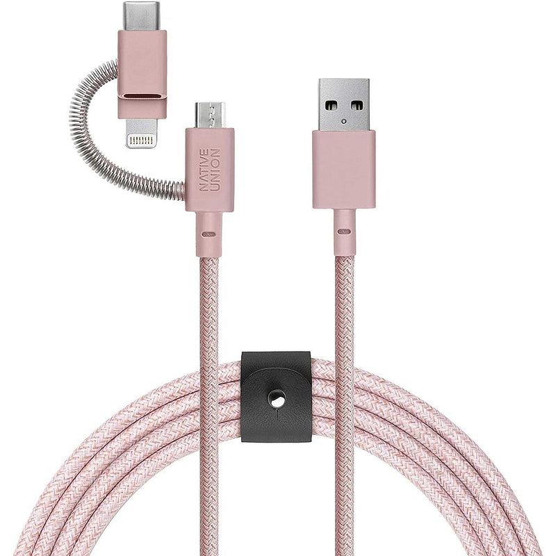 Native Union Belt Cable Universal 2M - Rose [V] - سلك شحن 3 في 1 - ايفون + تايب سي + مايكرو - نيتف يونيون - مقاوم للقطع - 2  متر - كفالة 12 شهر