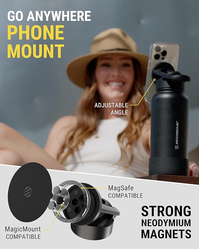 Steel Insulated Water Bottle with Magnetic Cell Phone Holder and Tripod Phone Mount Stand Compatible w/ MagSafe - White [V] - مطارة حافظة للحرارة - ستاند ماغ سيف - سكوشي