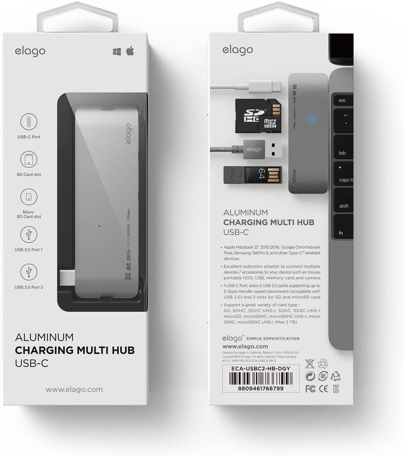 Elago Aluminum Charging Multi Hub USB-C - Space Gray [V] - وصلة تايب سي - 5 في 1 - لاجهزة الايباد برو والماك بوك - متعددة الاستخدام - كفالة 12 شهر