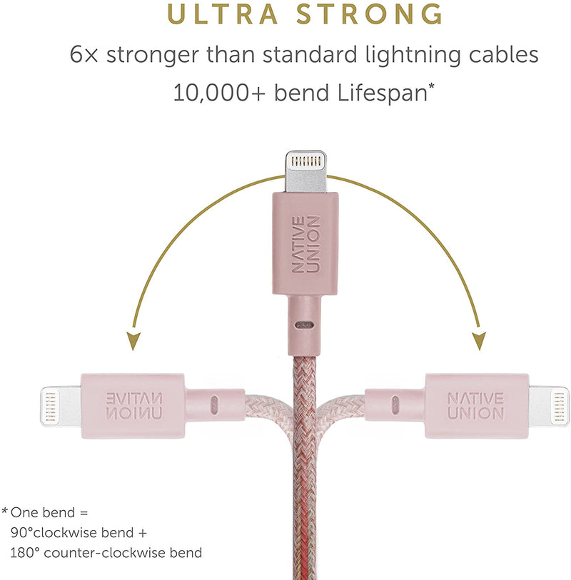 Native Union Belt Cable XL - USB A to Lightning 3M - Rose [V] - سلك شحن ايفون - نيتف يونيون - مقاوم للقطع - 3 متر - كفالة 12 شهر