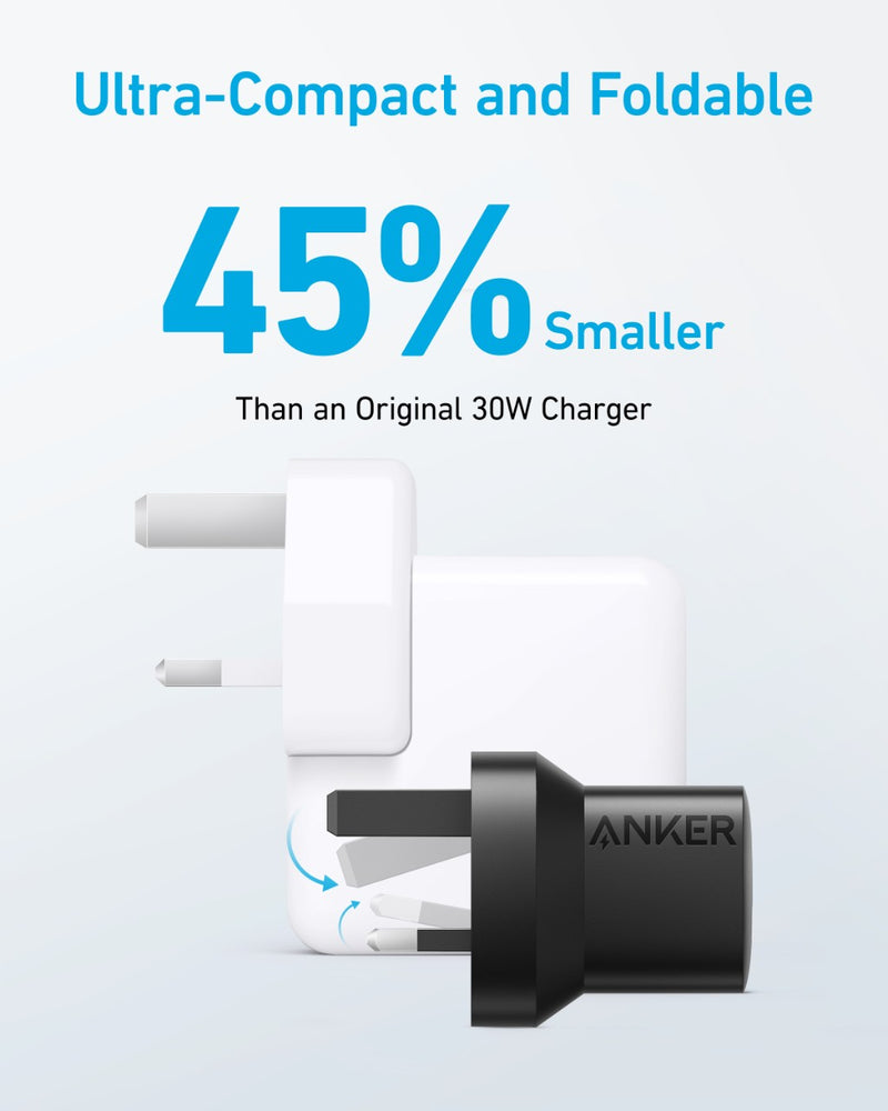 Anker 323 Foldable Charger 33W - Black - شاحن حائط - تايب سي - انكر - نانو - 33 واط - خاصية الشحن السريع - كفالة 18 شهر - مناسب لاجهزة الايفون الحديثة