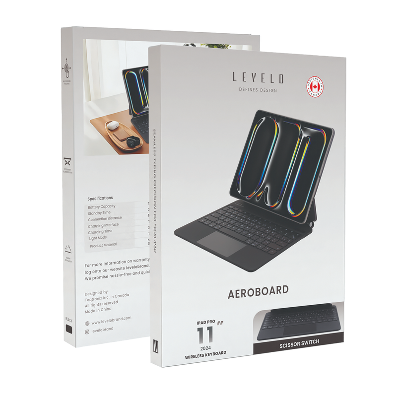 Levelo AeroBoard Saffanio Leather Wireless Keyboard - Black - كفر ايباد + كيبورد - لوحة مفاتيح عربي / انجليزي + لوحة مفاتيح مضيئه