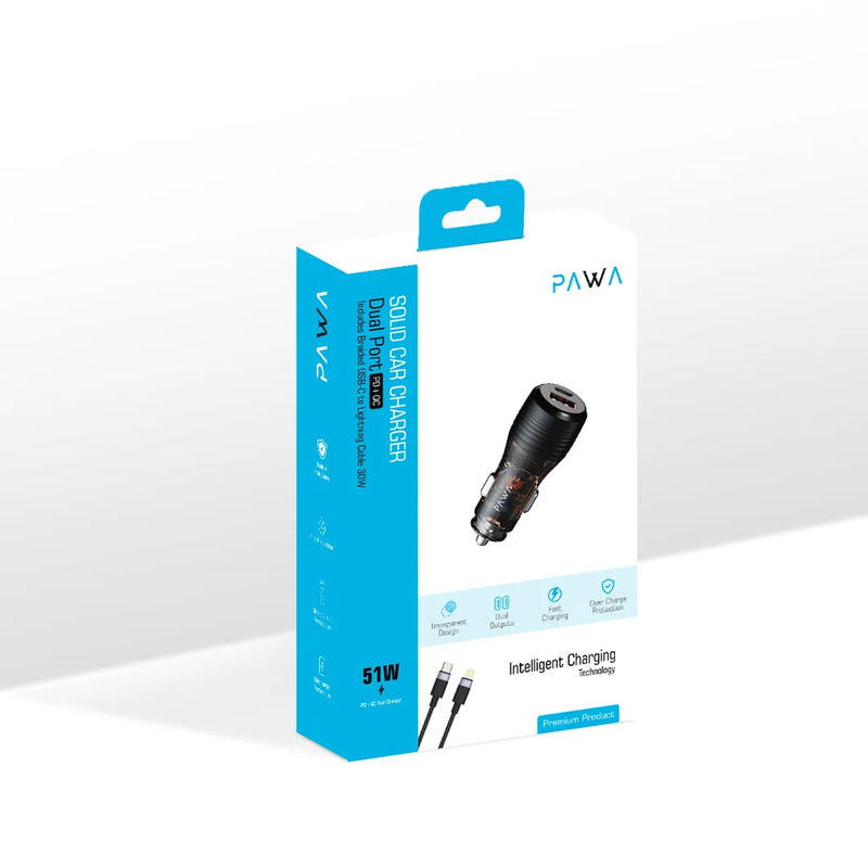 PAWA Car Charger Dual Port PD+QC Includes Braided USB-C to Lightning Cable 30W - شاحن سيارة + سلك شحن ايفون - باوا  - منفذ يو اس بي + تايب سي  - كفالة 12 شهر