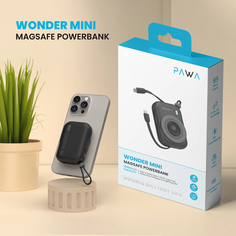 Wonder Mini Magsafe Powerbank | Black [O] - بطارية متنقلة - باوا - سعة 10000 - سلك شاحن ايفون + تايب سي - مع ماغ سيف - كفالة 24 شهر