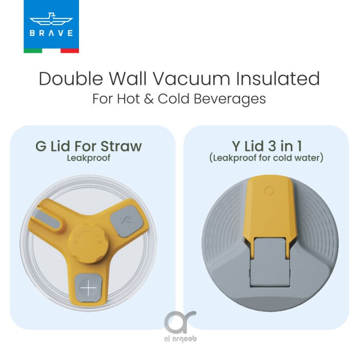 Brave Temp Guard Vacuum Insulated Travel Mug – 180° Rotating Handle, 24H Cold & 12H Hot Retention, Leak-Proof Lids, 1200mL – Yellow [S] - مطارة حافظة للحرارة  والبرودة