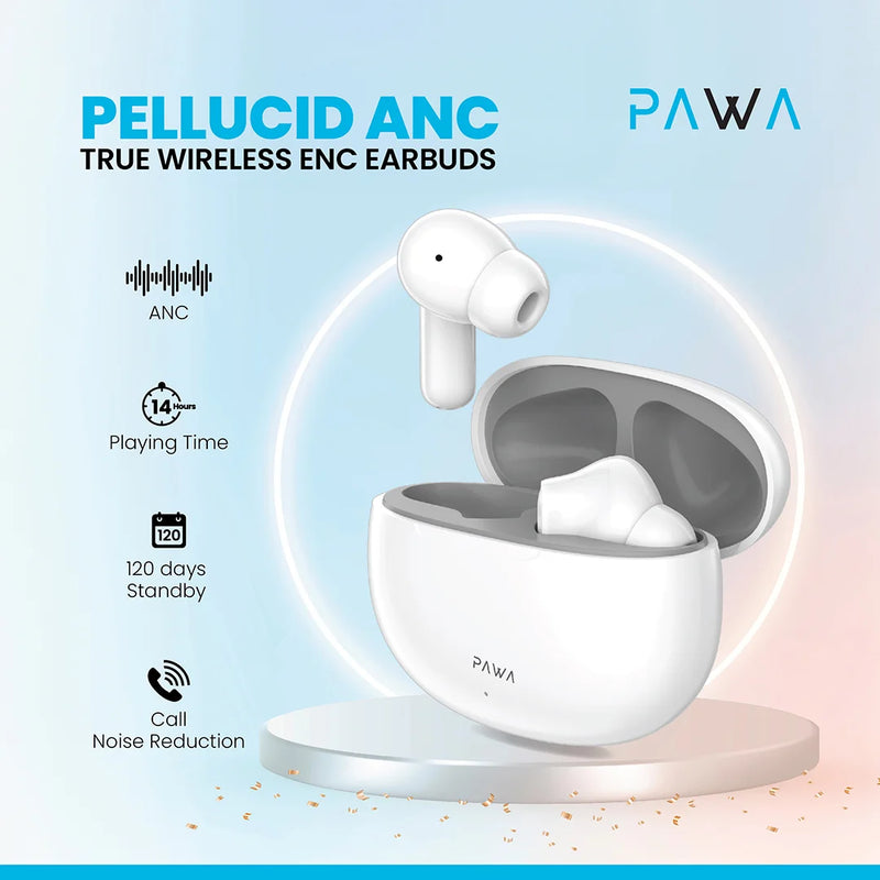 Pawa Pellucid ANC True Wireless Earbuds - Grey & White -  سماعة باوا - بلوتوث كفاله 12 شهر