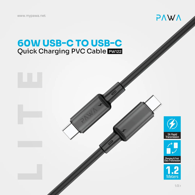 Pawa 3A USB-C TO USB-C Quick Charging PVC Cable PW122 - Black -  سلك شحن - باوا - تايب سي الي  تايب سي - طول 1.2 متر - قوة 60 واط - كفالة 12 شهر