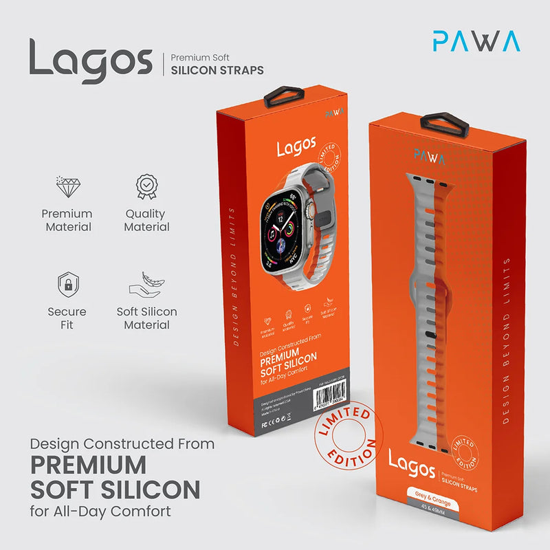 PAWA - Lagos Premium Soft Silicon Straps - Grey & Orange - 49/45/44/42mm  - سير ساعه أبل واتش