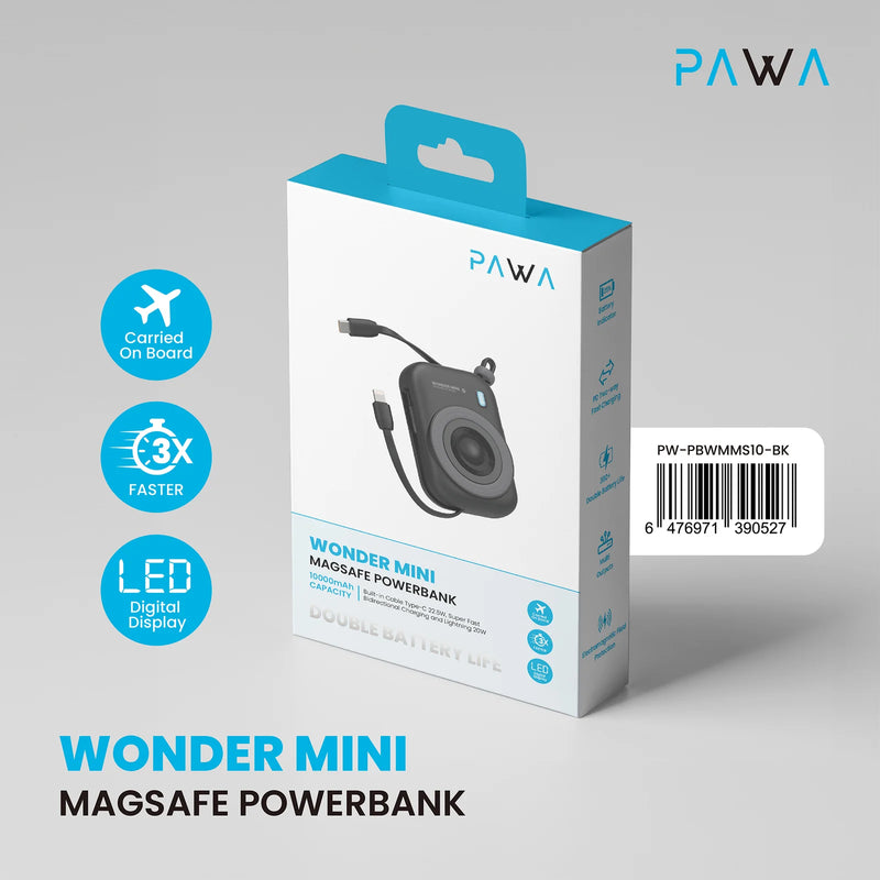 Wonder Mini Magsafe Powerbank | Black [O] - بطارية متنقلة - باوا - سعة 10000 - سلك شاحن ايفون + تايب سي - مع ماغ سيف - كفالة 24 شهر