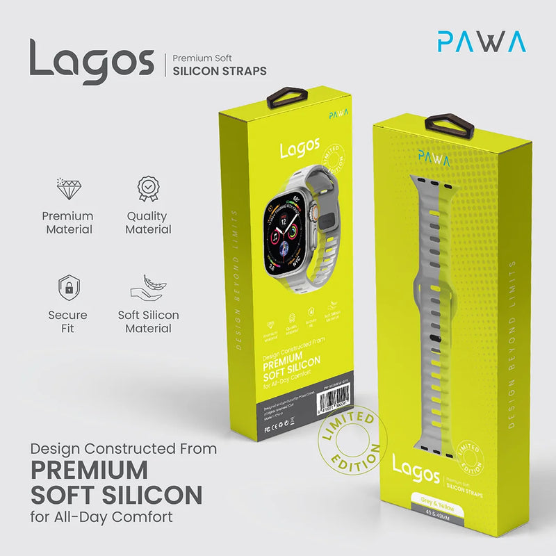 PAWA - Lagos Premium Soft Silicon Straps - Grey & Yellow - 49/45/44/42mm  - سير ساعه أبل واتش