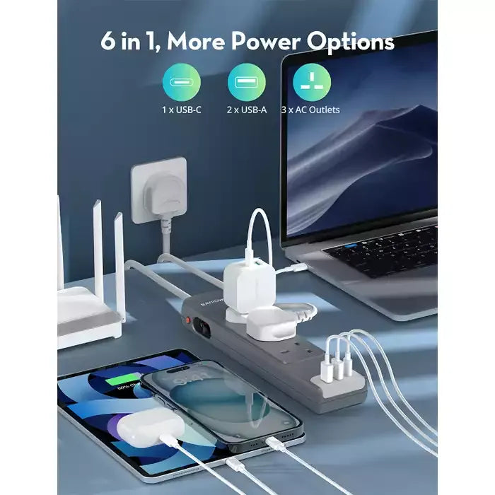 Ravpower UK Power Strip 3m With 6 Ports - 15W – Grey [B] - موزع شاحن حائط - 2 فتحتين يو اس بي - 1 فتحة تايب سي - 3 فتحات للكهرباء - 6 في 1 - طول 3 متر - كفالة 12 شهر