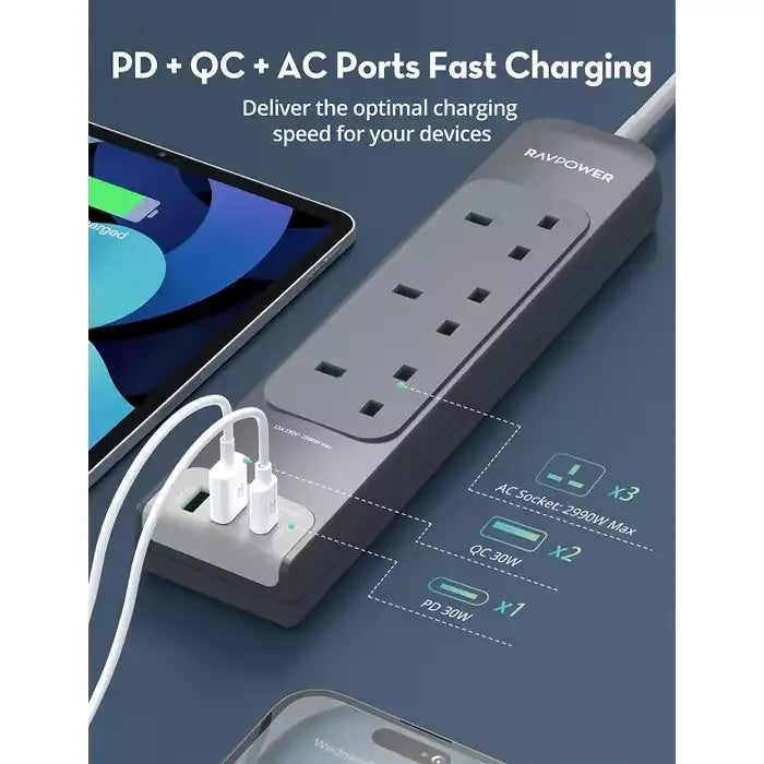 Ravpower UK Power Strip 3m With 6 Ports - 15W – Grey [B] - موزع شاحن حائط - 2 فتحتين يو اس بي - 1 فتحة تايب سي - 3 فتحات للكهرباء - 6 في 1 - طول 3 متر - كفالة 12 شهر