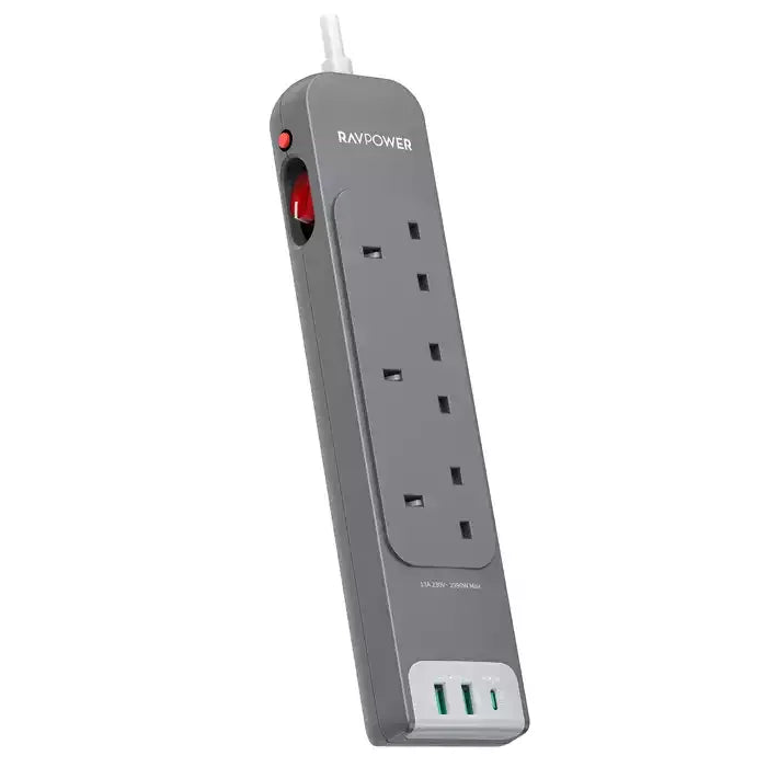 Ravpower UK Power Strip 3m With 6 Ports - 15W – Grey [B] - موزع شاحن حائط - 2 فتحتين يو اس بي - 1 فتحة تايب سي - 3 فتحات للكهرباء - 6 في 1 - طول 3 متر - كفالة 12 شهر