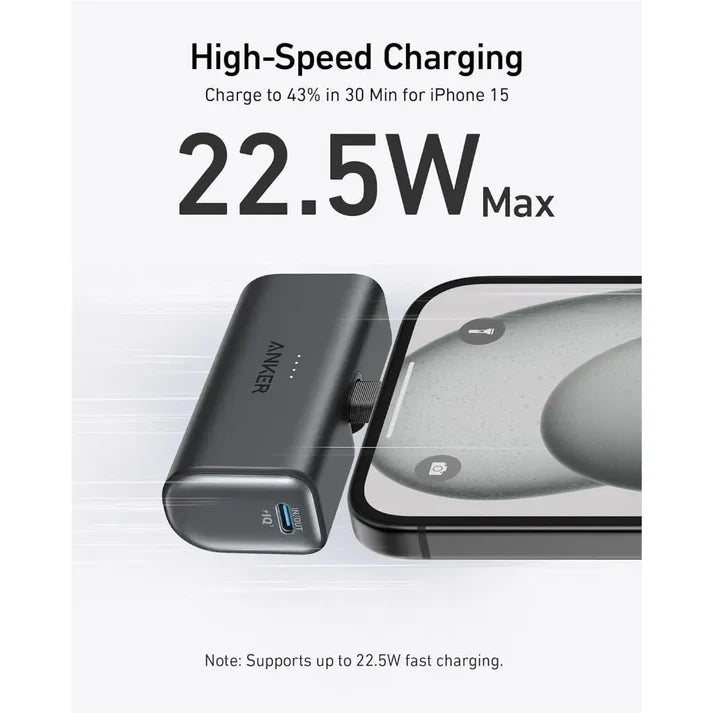 Anker Nano Power Bank (22.5W, Built-In USB-C Connector) 5000mAh -Black [D] - بطارية متنقلة - انكر - قوة 5000 - خفيفة وصغيرة الحجم-مع شاحن تايب سي - لأجهزة الاندرويد والايفون 15 والايفون 16 - كفالة 18 شهر