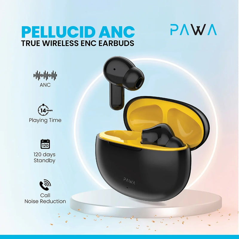 Pawa Pellucid ANC True Wireless Earbuds - Black/Yellow - سماعة باوا - بلوتوث -