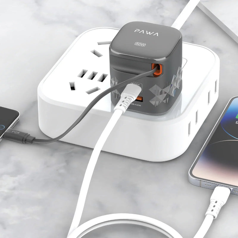 PAWA Dual Port | TYPE-C RETRACTABLE CABLE GaN Charger 50W - Black - بلاك حائط شحن - 2 فتحتين للشحن السريع - 1 فتحة تايب سي + 1 فتحة يو اس بي - قوة 50 واط  مع كيبل تايب سي - كفالة 24 شهر