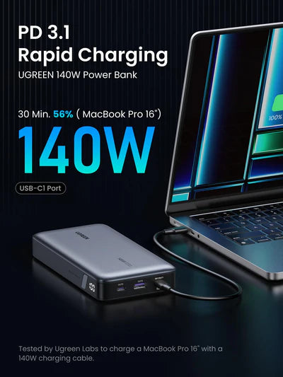 UGREEN 145W 25000mAh for Laptop-3 Ports Power Bank [B] - بطارية متنقلة - يوجرين - سعة 25000 آلاف ملي امبير - شاشة رقمية - قوة 145 واط - كفالة 12 شهر