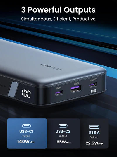 UGREEN 145W 25000mAh for Laptop-3 Ports Power Bank [B] - بطارية متنقلة - يوجرين - سعة 25000 آلاف ملي امبير - شاشة رقمية - قوة 145 واط - كفالة 12 شهر