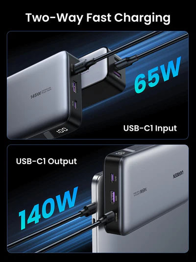 UGREEN 145W 25000mAh for Laptop-3 Ports Power Bank [B] - بطارية متنقلة - يوجرين - سعة 25000 آلاف ملي امبير - شاشة رقمية - قوة 145 واط - كفالة 12 شهر