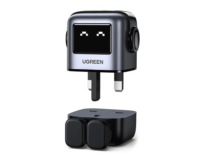 UGREEN 25686 Nexode RG - 65W - 3-Port GaN Fast Charger UK - Grey - شاحن حائط  - يو جرين - 2 فتحتين تايب سي - 1 فتحة يو اس بي - شاشة رقمية - قوة 65 واط - كفالة 12 شهر