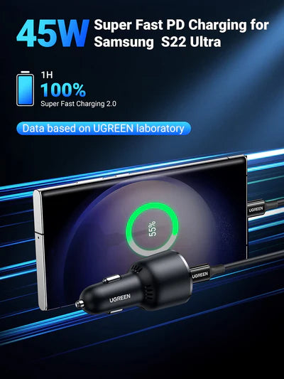 UGREEN 63W 2-Port Fast Car Charger -[B] - شاحن ولاعة للسيارة -يوجرين - قوة 63 واط - منفذ تايب سي للشحن السريع ومنفذ للشحن الذكي - كفالة 12 شهر