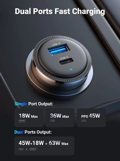 UGREEN 63W 2-Port Fast Car Charger -[B] - شاحن ولاعة للسيارة -يوجرين - قوة 63 واط - منفذ تايب سي للشحن السريع ومنفذ للشحن الذكي - كفالة 12 شهر