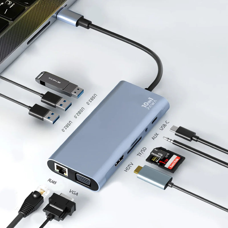 Pawa 10IN1 USB-C HUB WITH 4K HDTV & VGA - وصلة تايب سي - 10 في 1 - لاجهزة الايباد برو والماك بوك - متعددة الاستخدام - كفالة 24 شهر
