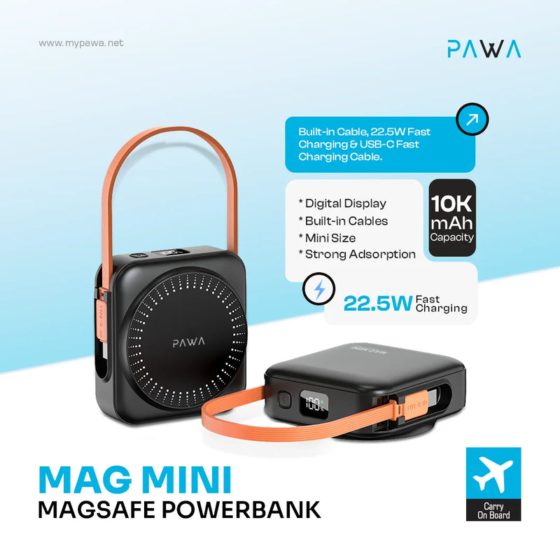 PAWA Mag Mini Magsafe Powerbank 10000mAh Black - بطارية متنقلة - باوا - سعة 10000 + تايب سي - مع ماغ سيف - كفالة 24 شهر