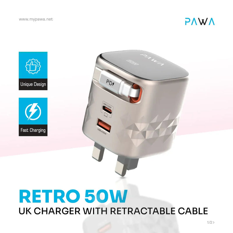 PAWA Dual Port | TYPE-C RETRACTABLE CABLE GaN Charger 50W - Titanium & Black - بلاك حائط شحن - 2 فتحتين للشحن السريع - 1 فتحة تايب سي + 1 فتحة يو اس بي - قوة 50 واط  مع كيبل تايب سي - كفالة 24 شهر