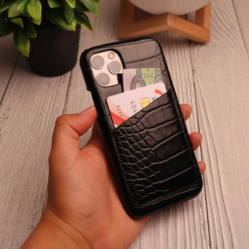Black Crocodile leather Card Holder Phone Case - كفر جلد مع جيب للبطاقات بالخلف