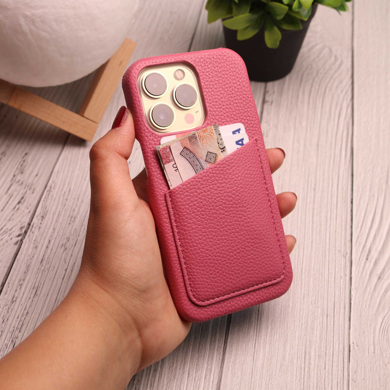 Rose Red Leather Case with Back Card Slot - كفر جلد مع محفظة للبطاقات والفلوس