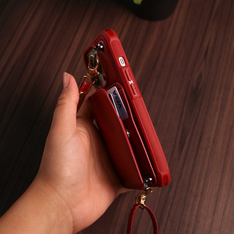 Red Leather Wallet Phone Case with Lanyard Strap - كفر حماية مع محفظة للبطاقات والفلوس وخيط علاقة