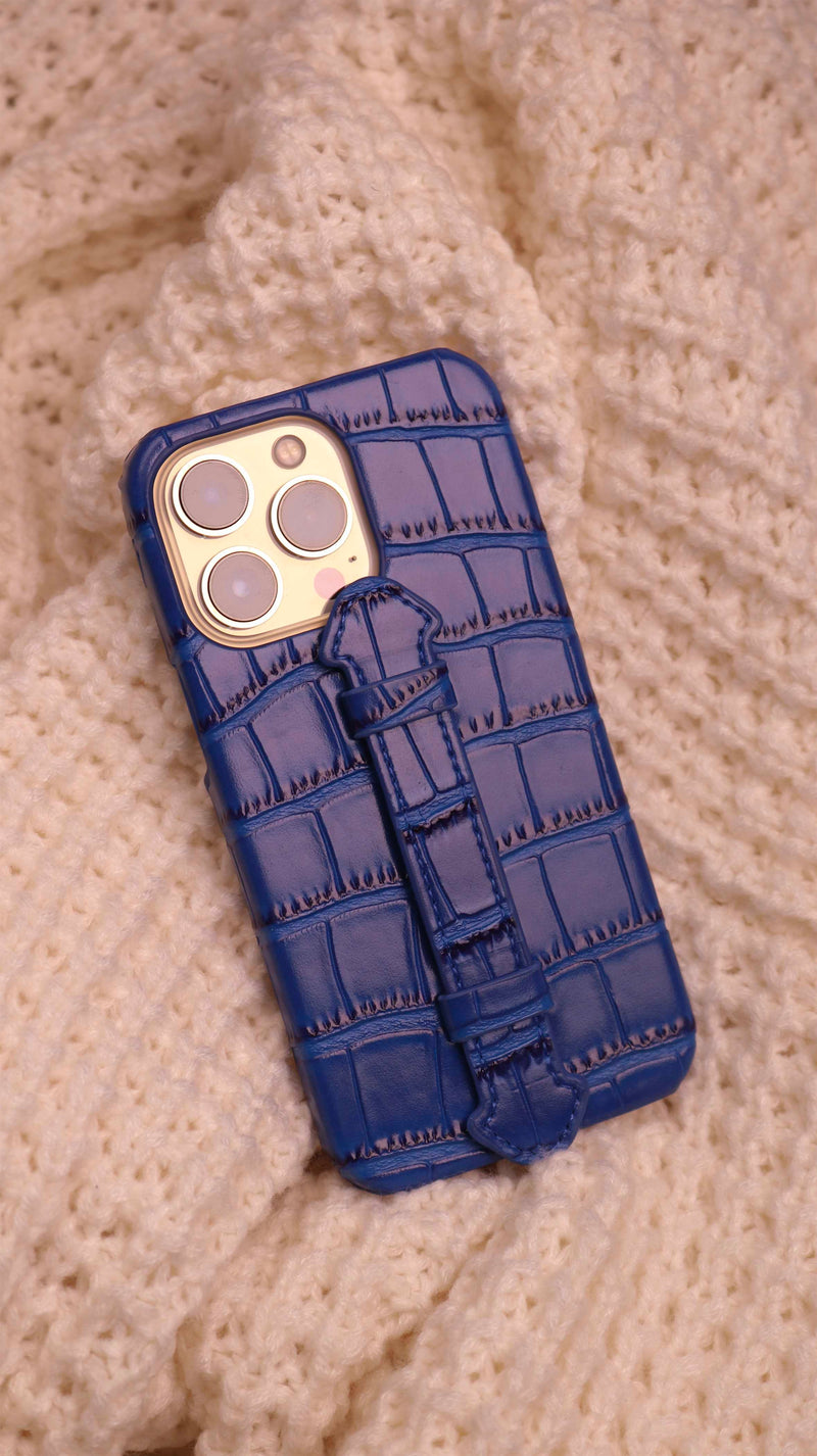 Blue Crocodile Leather Case with Grip - كفر جلد مع مسكة شريطة