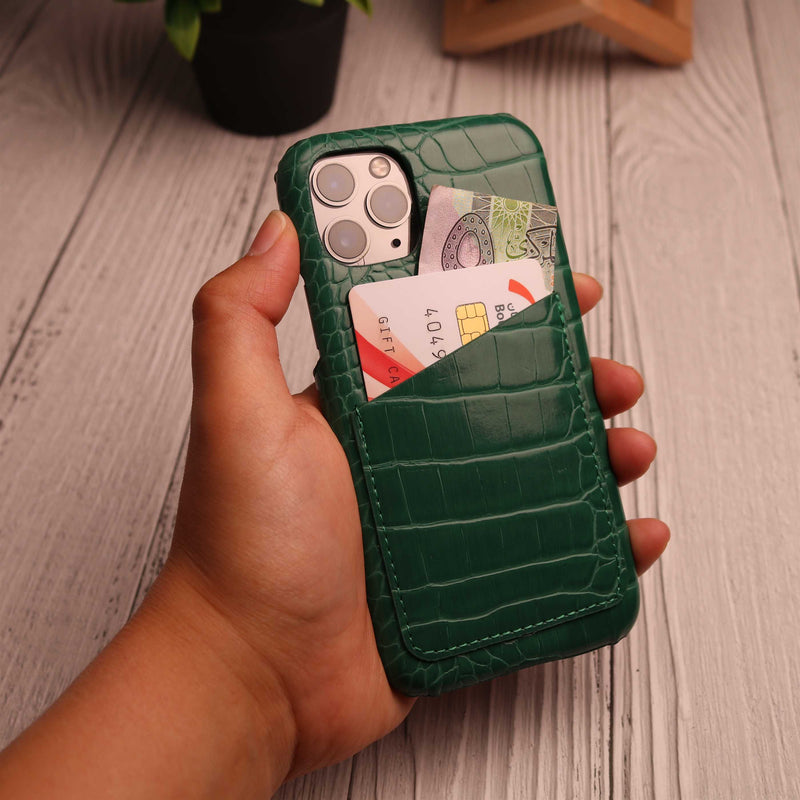 Dark Green Crocodile leather Card Holder Phone Case - كفر جلد مع جيب للبطاقات بالخلف