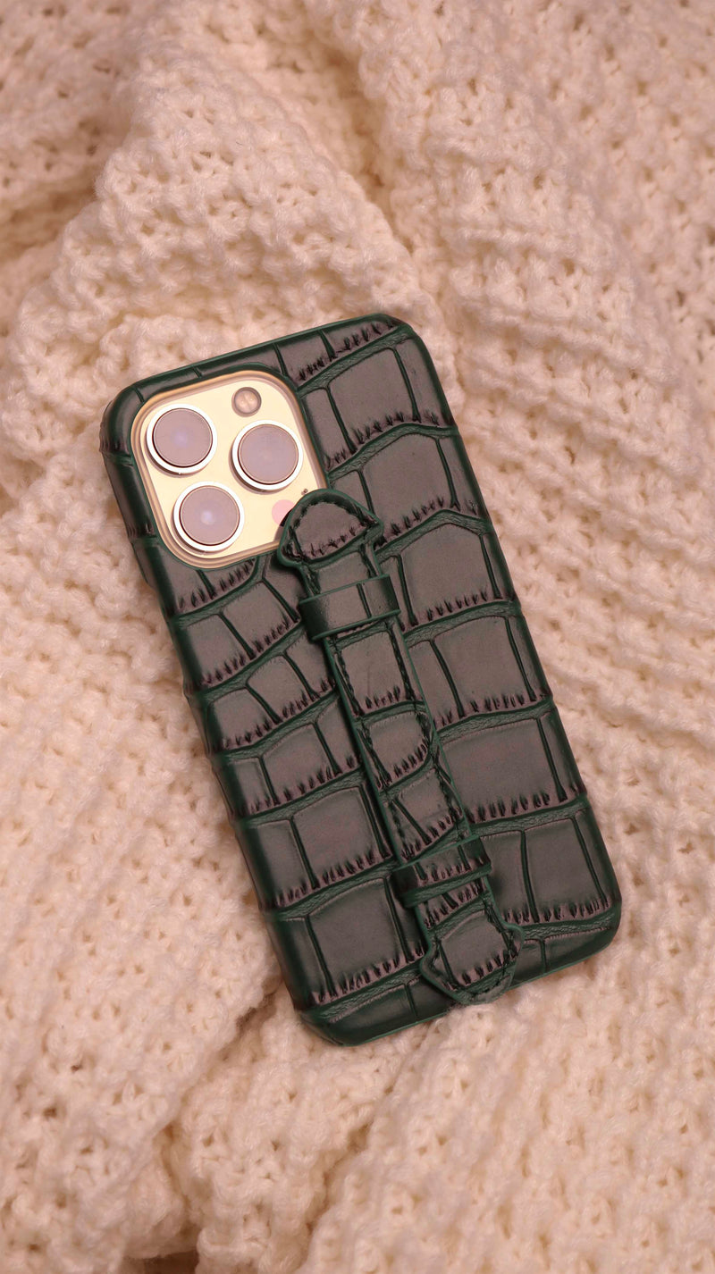 Green Crocodile Leather Case with Grip - كفر جلد مع مسكة شريطة