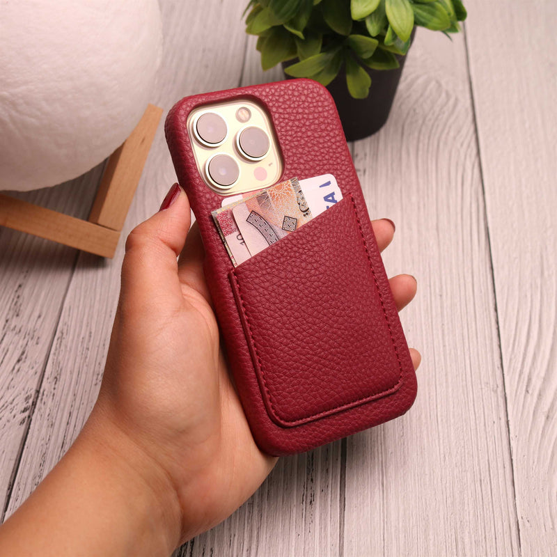 Dark Rose Red Leather Case with Back Card Slot - كفر جلد مع محفظة للبطاقات والفلوس