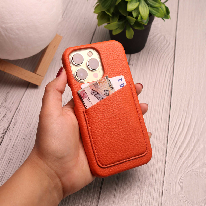 Orange Leather Case with Back Card Slot - كفر جلد مع محفظة للبطاقات والفلوس