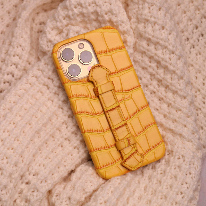 Yellow Crocodile Leather Case with Grip - كفر جلد مع مسكة شريطة