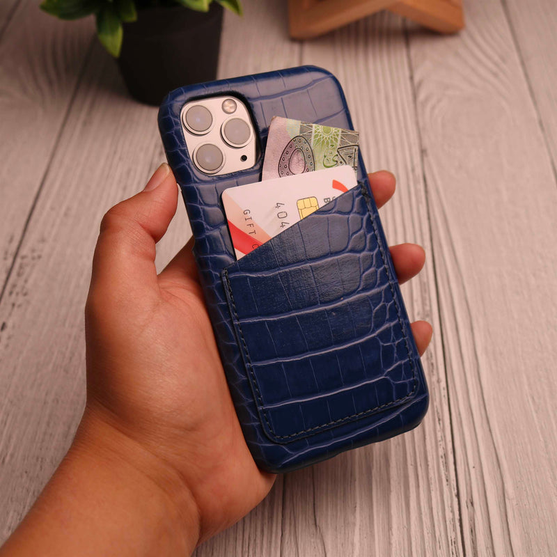 Blue Crocodile leather Card Holder Phone Case - كفر جلد مع جيب للبطاقات بالخلف