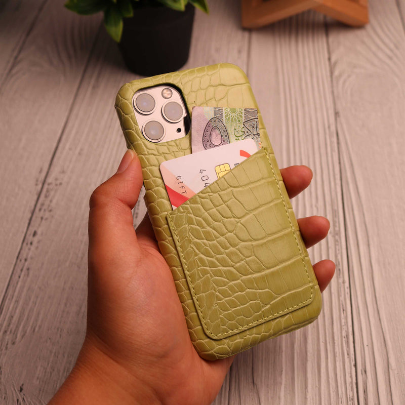Light Green Crocodile leather Card Holder Phone Case - كفر جلد مع جيب للبطاقات بالخلف